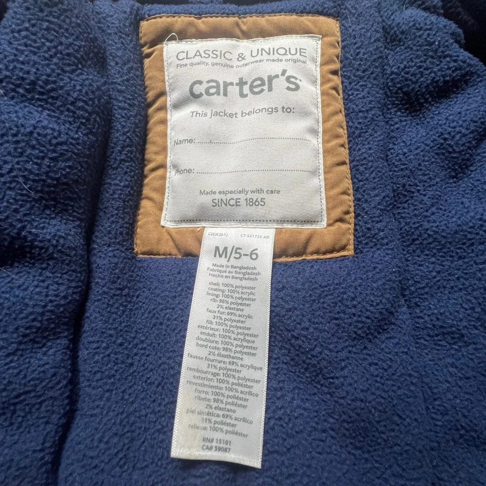 Carters Boys Heavyweight Parka Jacket Tan Brown Faux Fur Hood Size M 5-6